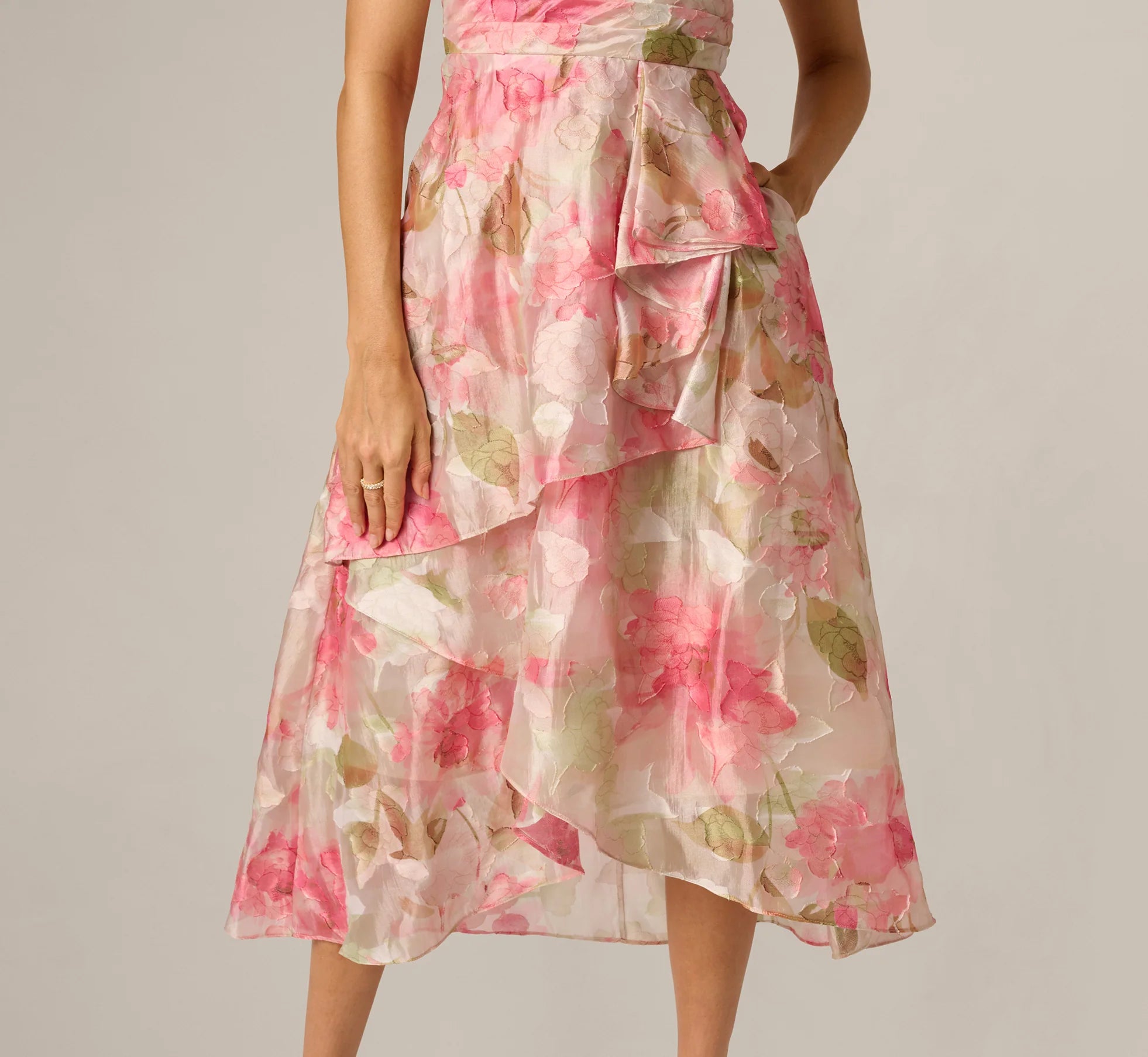 Floral Organza Cascade High Low Midi Dress In Sage Multi