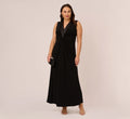 Plus Size Matte Jersey Twist Front Tuxedo Long Gown In Black