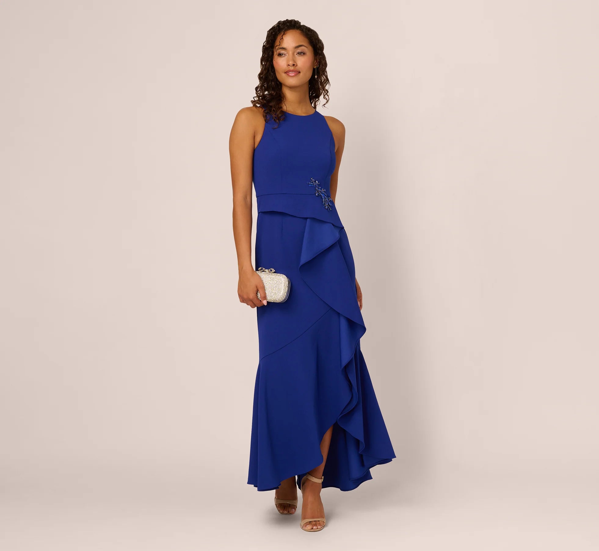 Bead Accent Crepe Halter Gown In Royal Sapphire