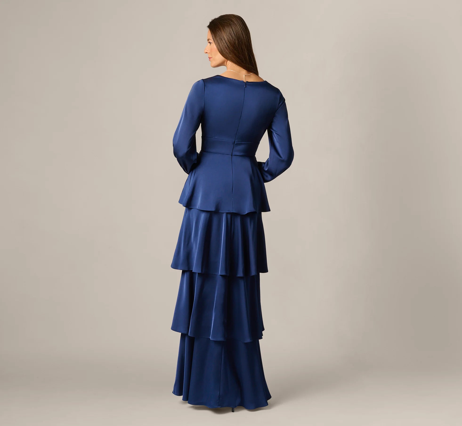 Long Sleeve Satin Tiered Gown In Navy Sateen