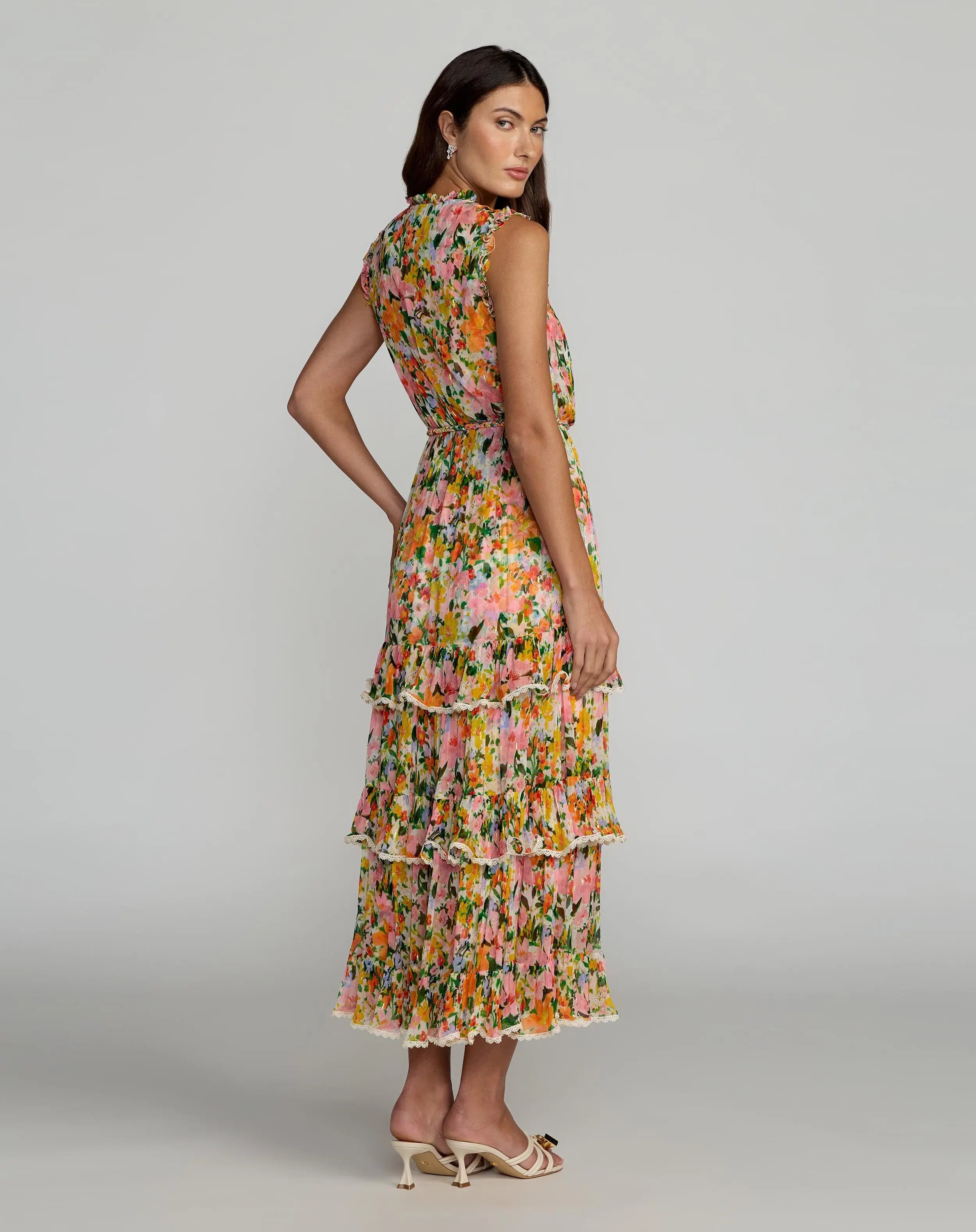 Multicolor Floral Tiered Ruffle Midi Dress