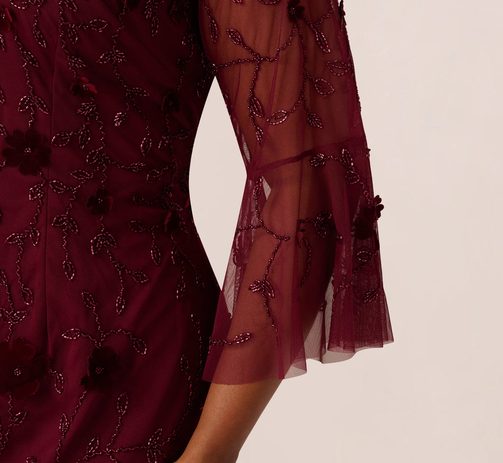 Plus Size Three Quarter Sleeve Velvet Floral Bead Sheath Dress In Mahogany