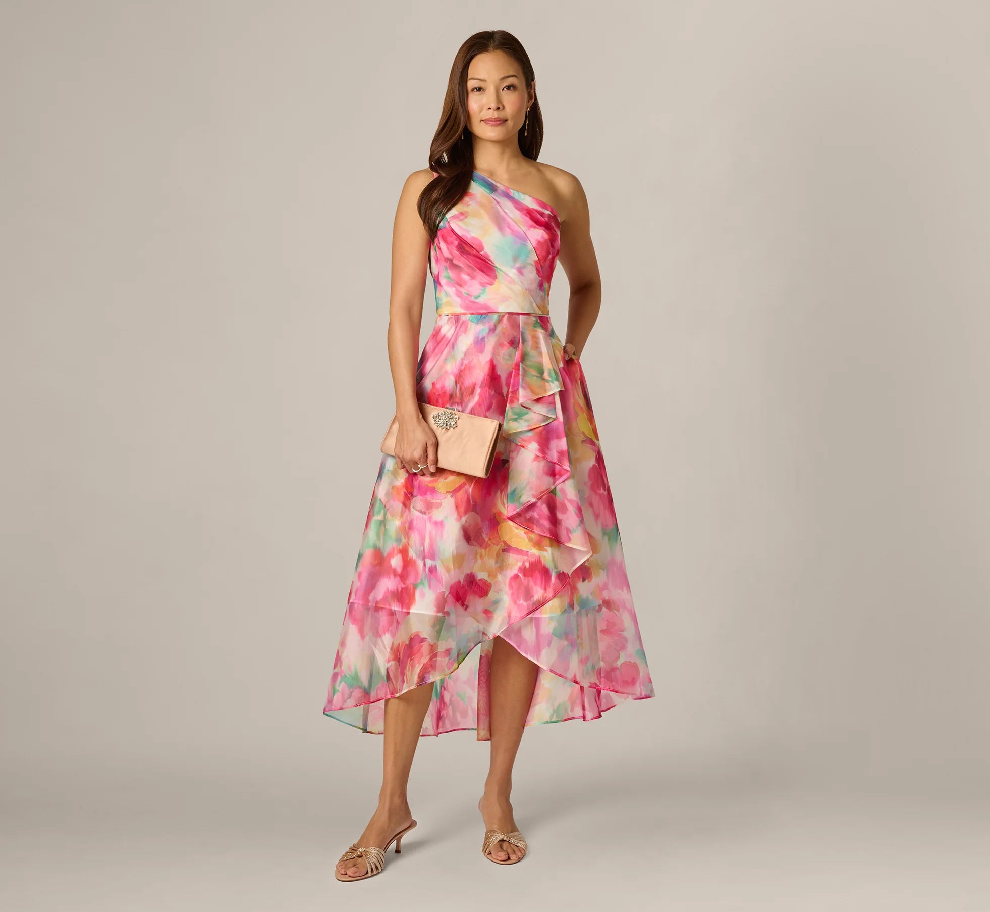 Petite One Shoulder Watercolor Organza High Low Midi Dress In Ivory Multi