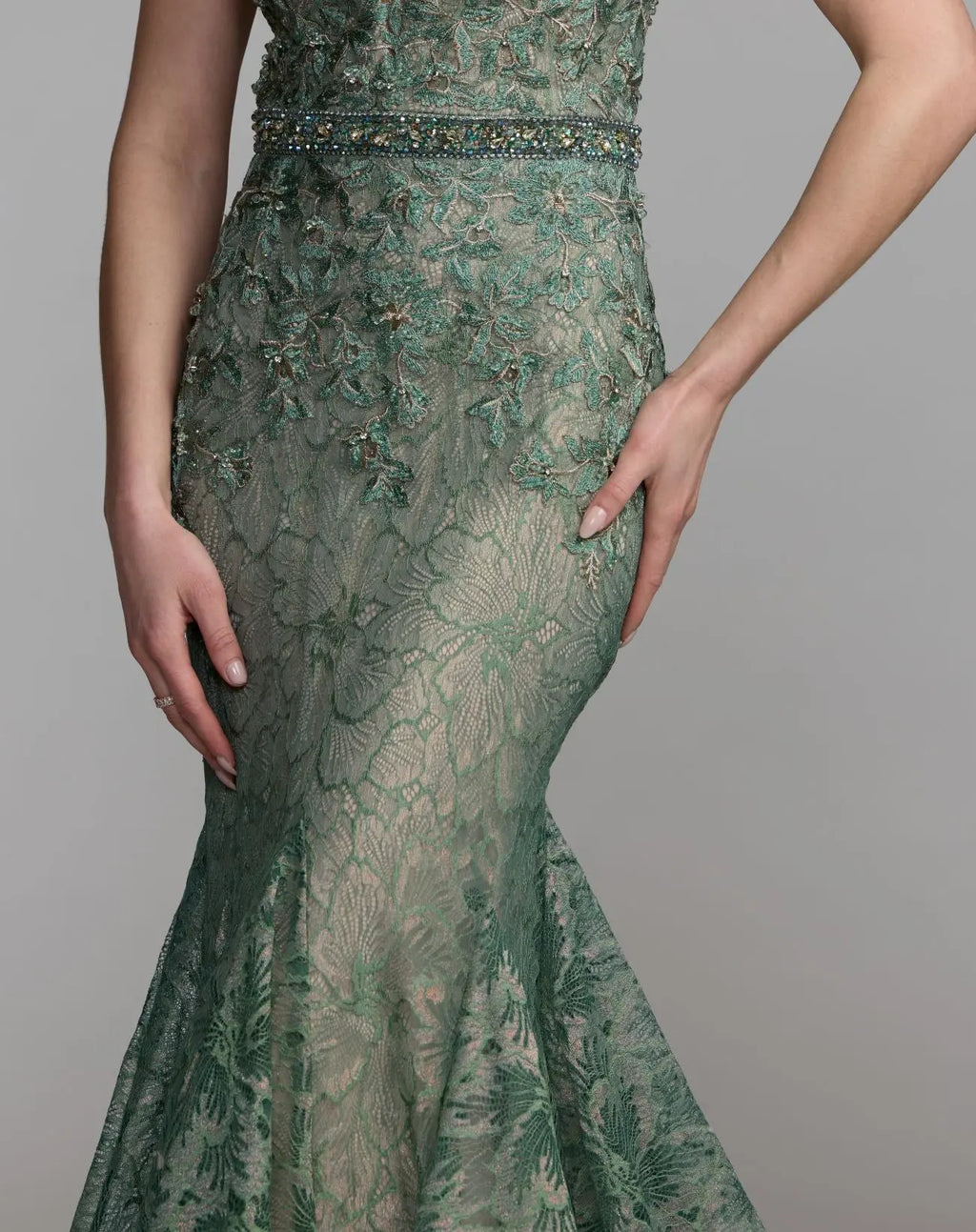 Green Embellished Lace Illusion Neck Gown With 3D Flowers