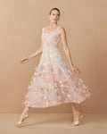 Pink Sleeveless Beaded Midi Dress With 3D Flowers