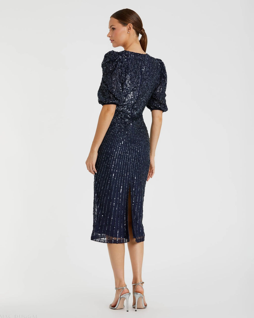 Navy Sequined V-Neck Short Puff Sleeve Midi Dress - FINAL SALE