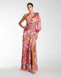 One Sleeve Floral Print Charmeuse Gown With Slit