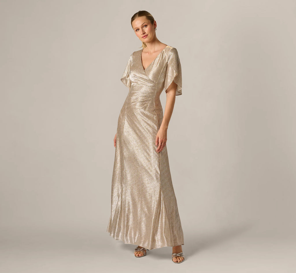 Metallic Flutter Knit Gown In Alabaster