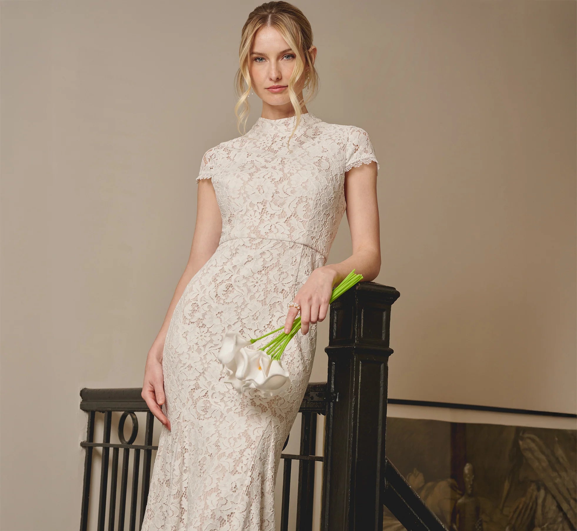 Cap Sleeve Lace Midi Dress In Ivory Nude