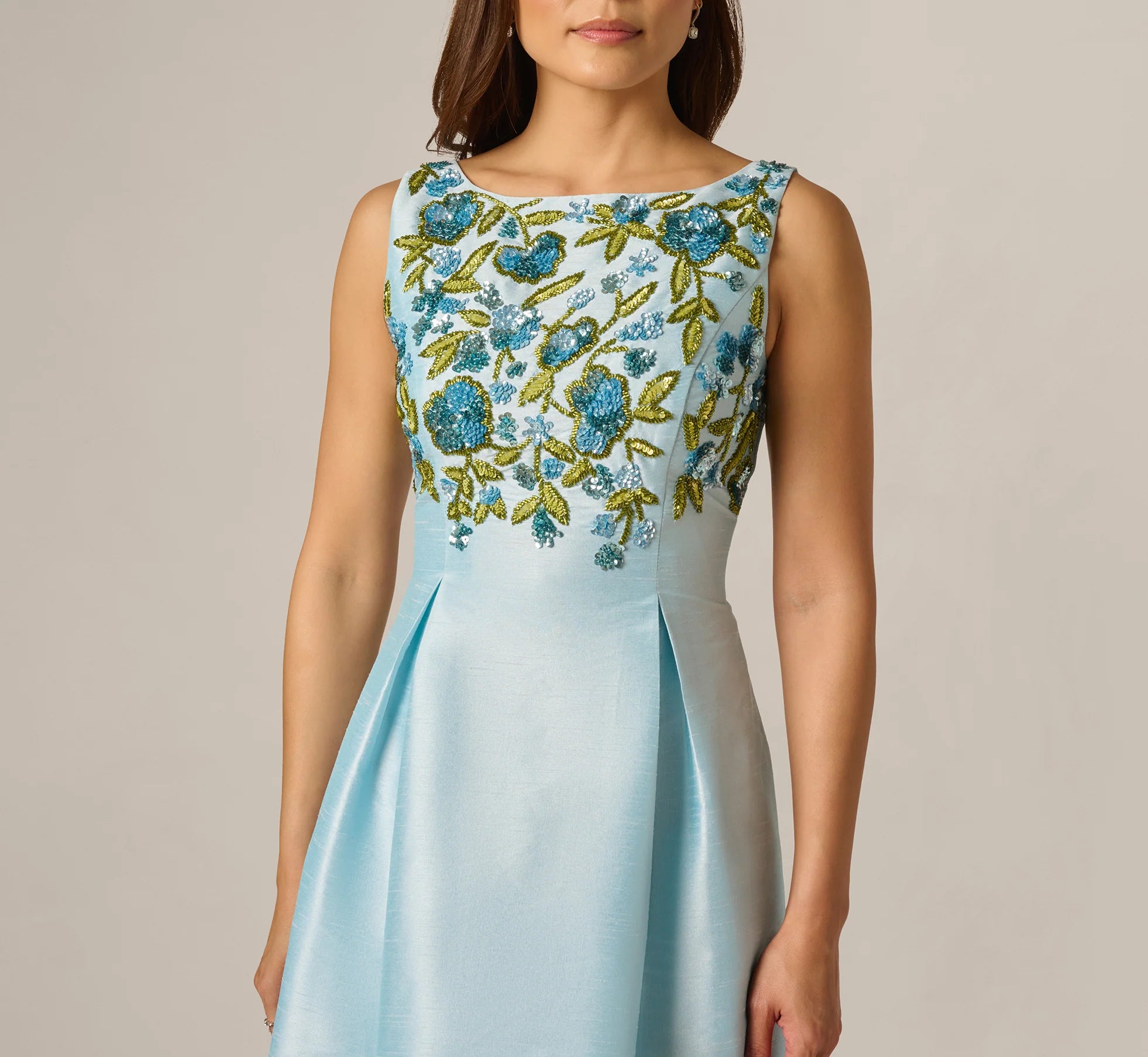 Floral Beaded Shantung Fit And Flare Dress In Sky Multi