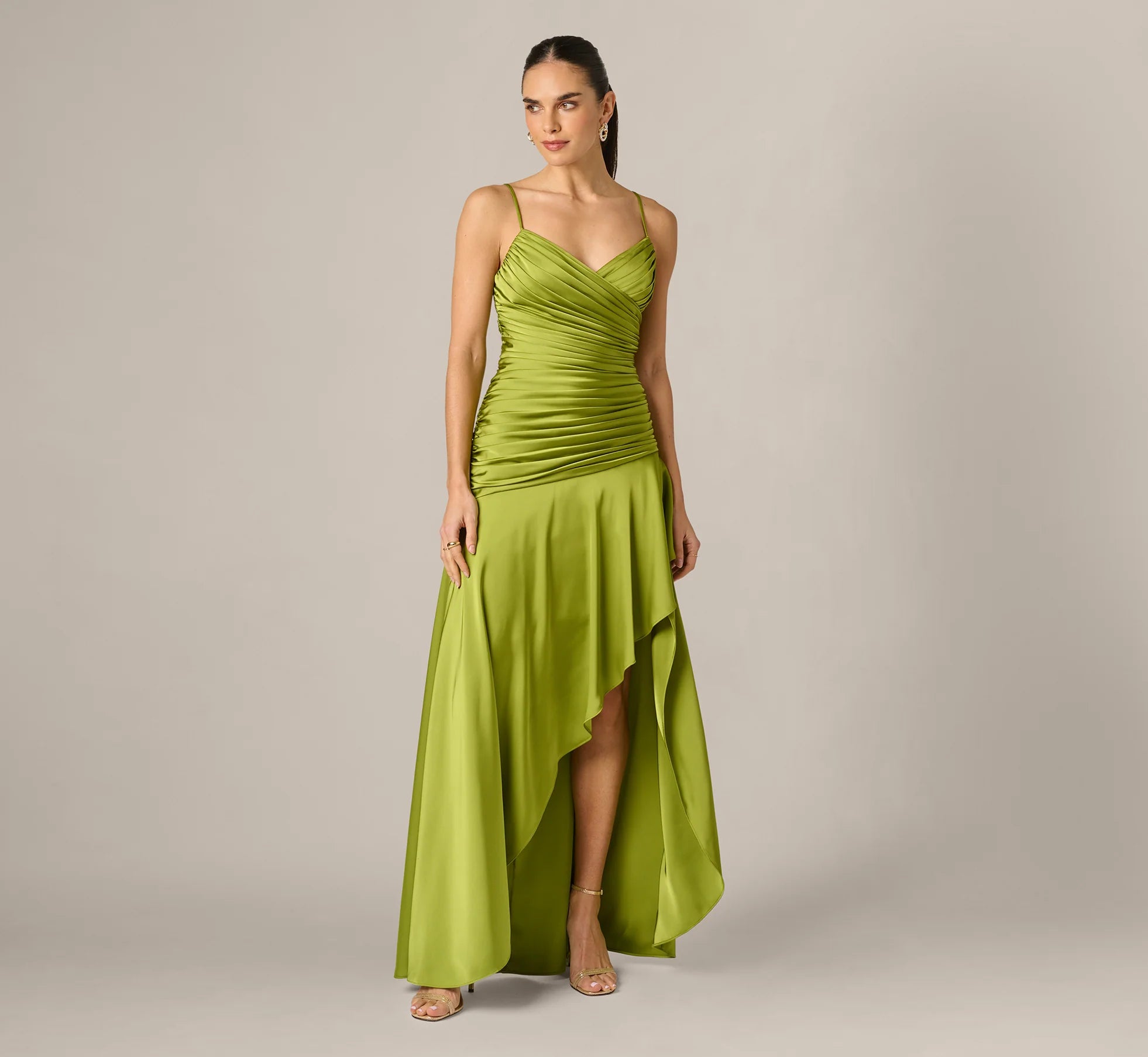 Asymmetrical High Low Stretch Satin Drop Waist Gown In Martini Olive