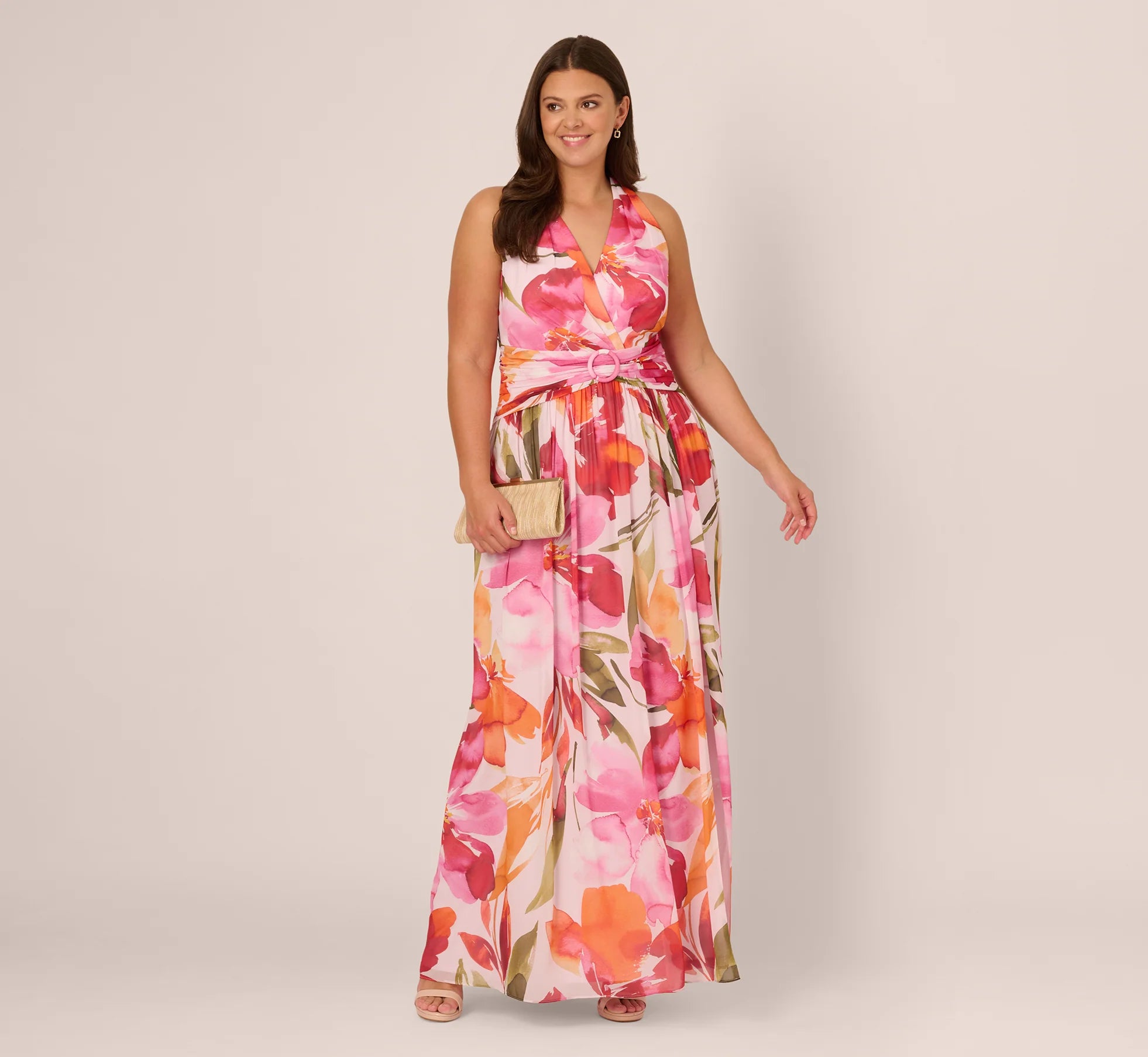 Plus Size Sleeveless Surplice Floral Chiffon Gown In Pink Orange Multi
