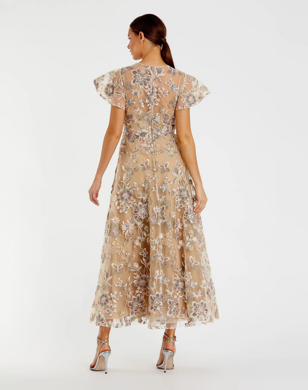Beige Flutter Sleeve Butterfly Embroidered Maxi Dress