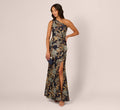 One Shoulder Jacquard Dress In Blue Gold