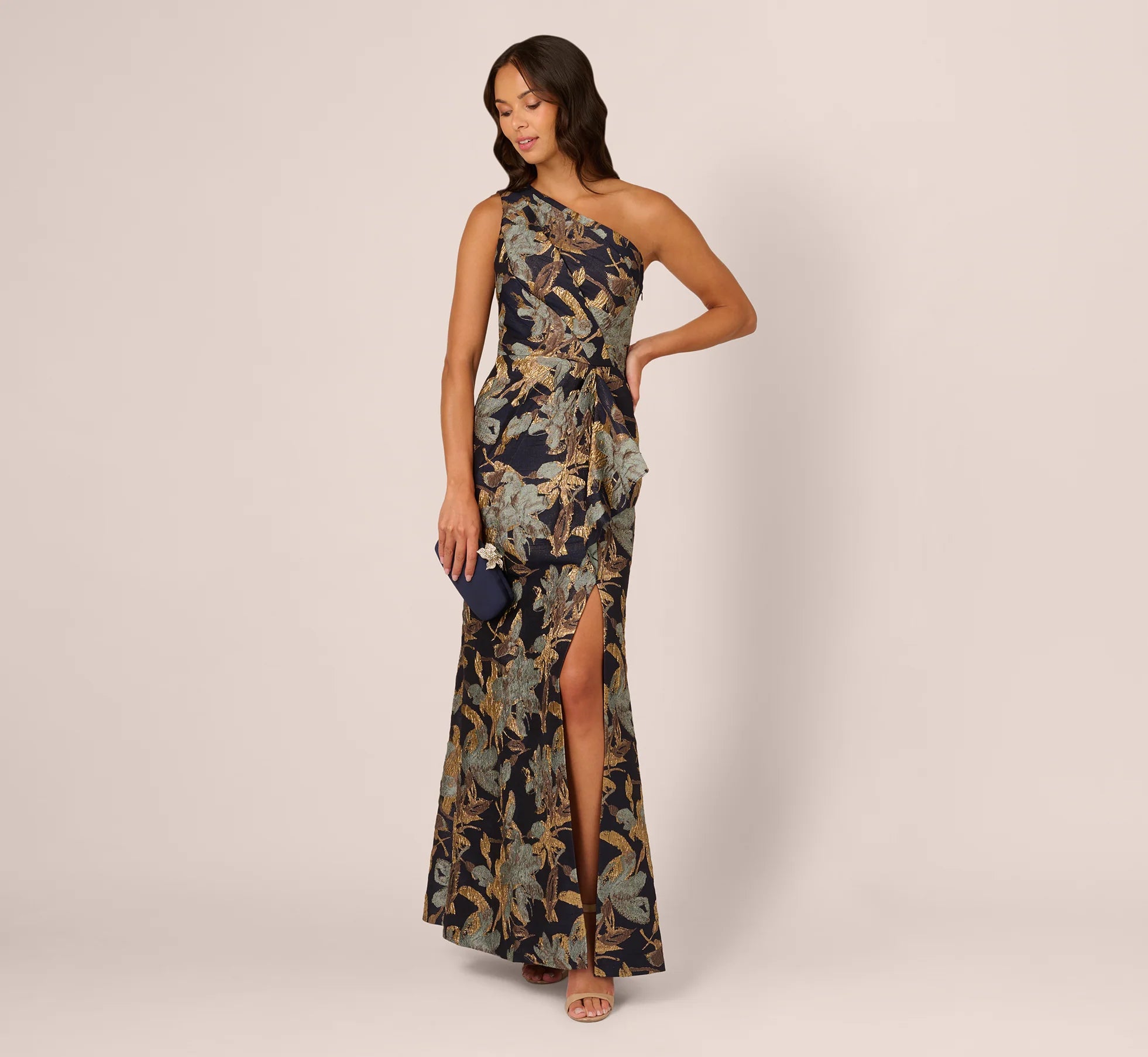 One Shoulder Jacquard Dress In Blue Gold