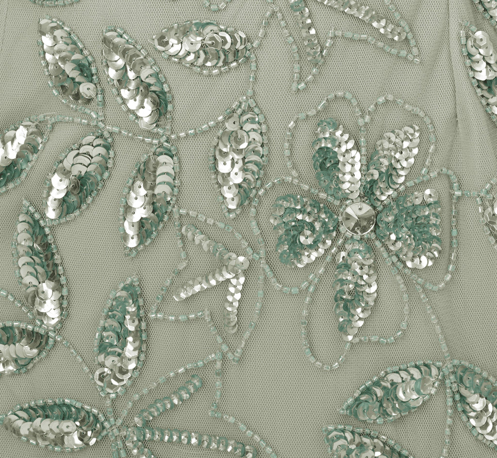 Floral Beaded Godet Cape Gown In Aqua Dust