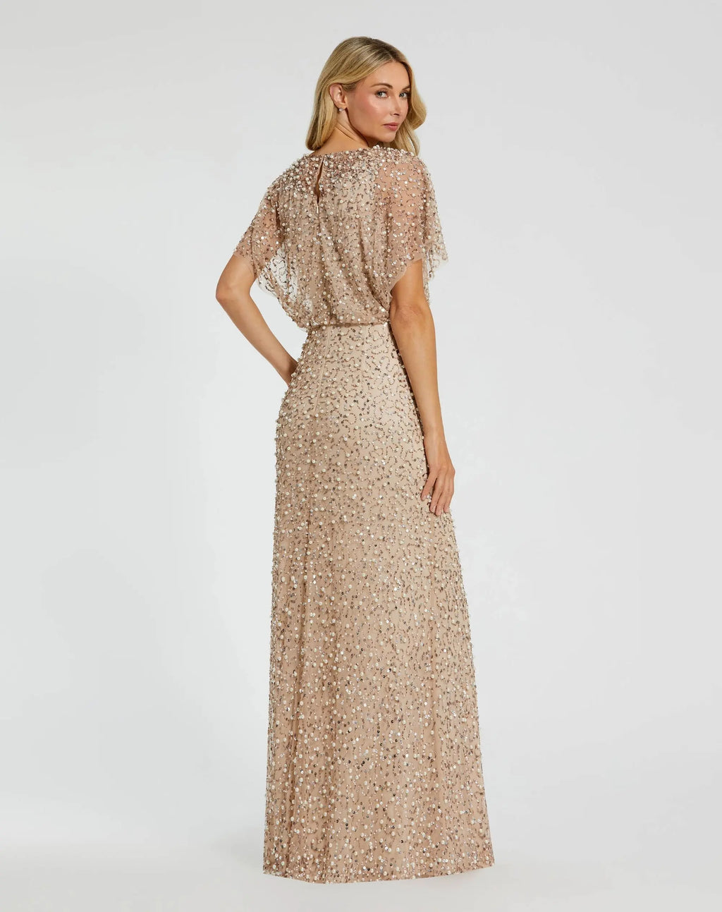 Petite Beige High Neck Short Sleeve Embellished Gown