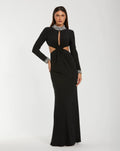 Black Embellished Jersey Long Sleeve Cut Out Evening Gown