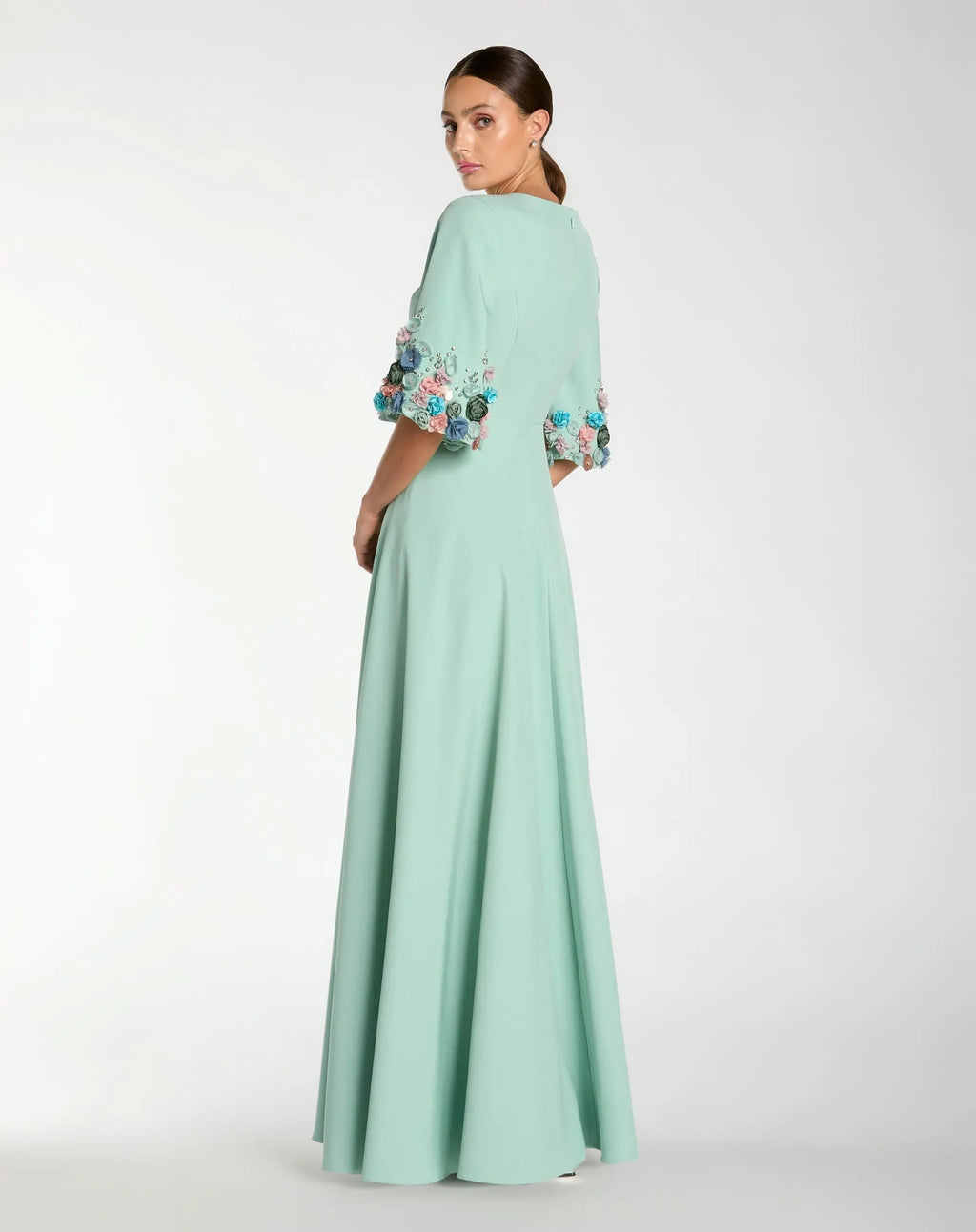 Green Crepe 3/4 Sleeve A-line Gown With Flower Trim