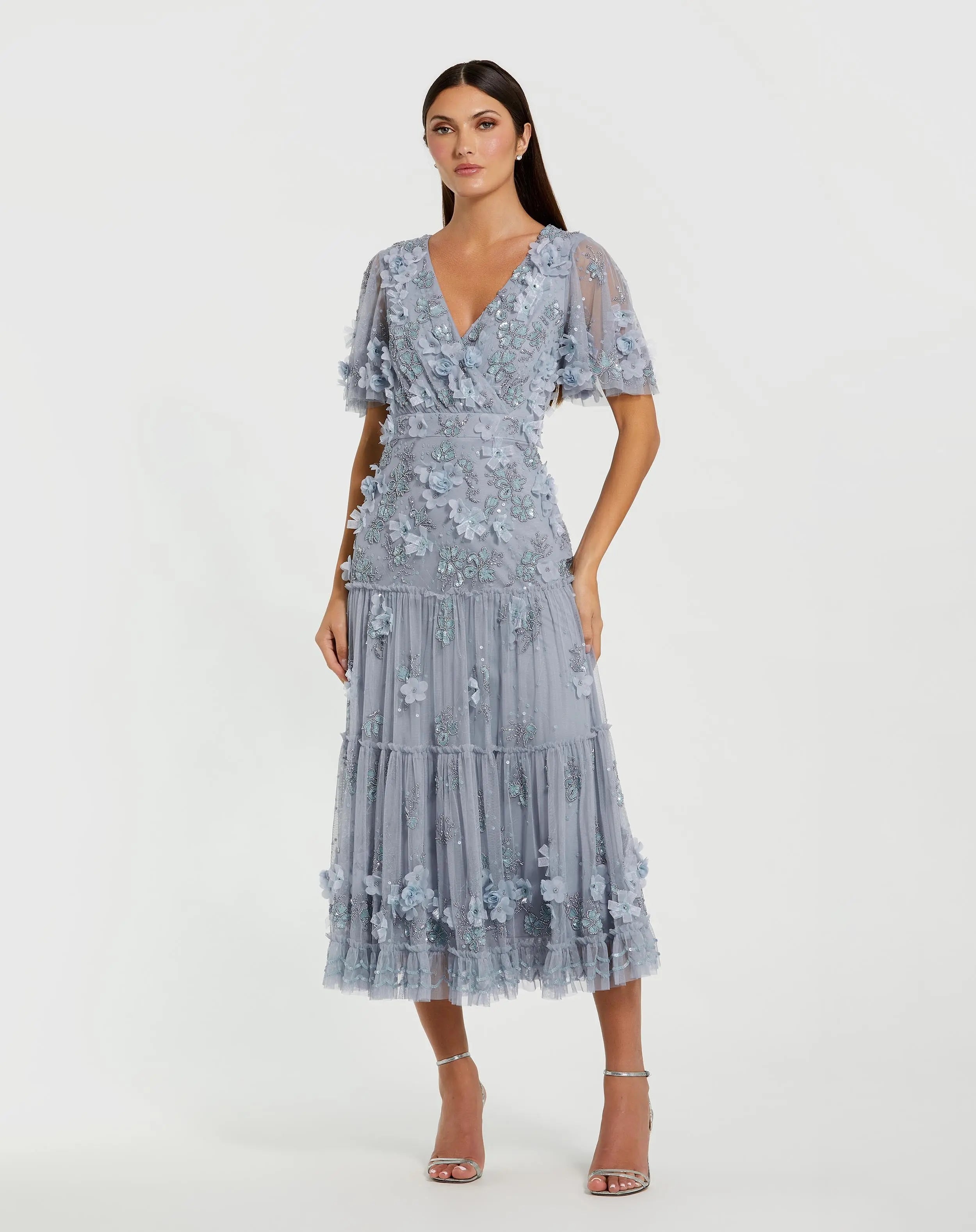 Blue Floral Embellished Flutter Sleeve Dress