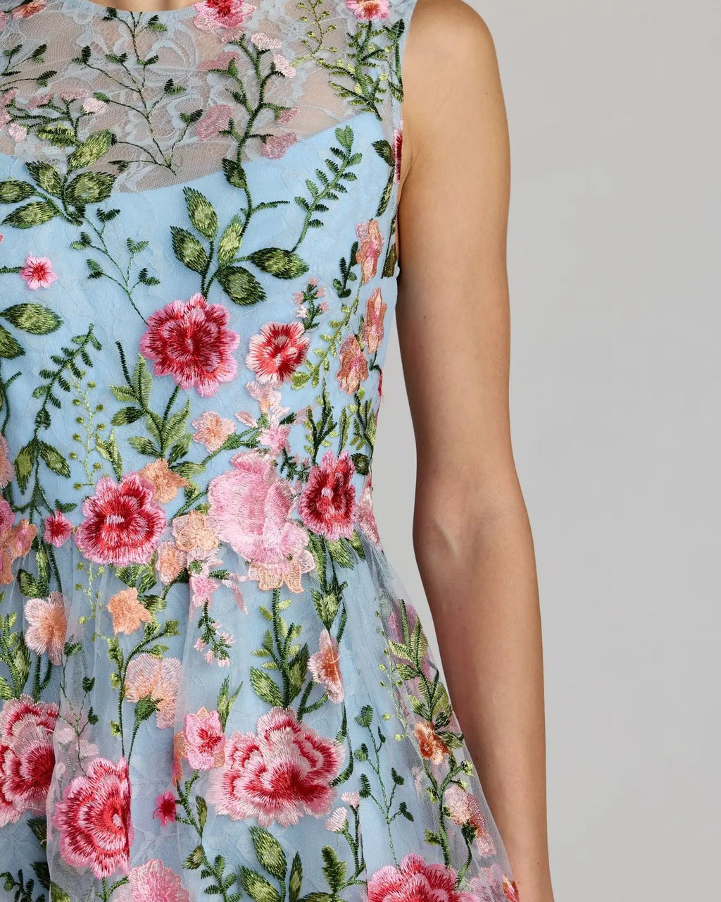 Blue Floral Embroidered Sleeveless A-Line Mini Dress