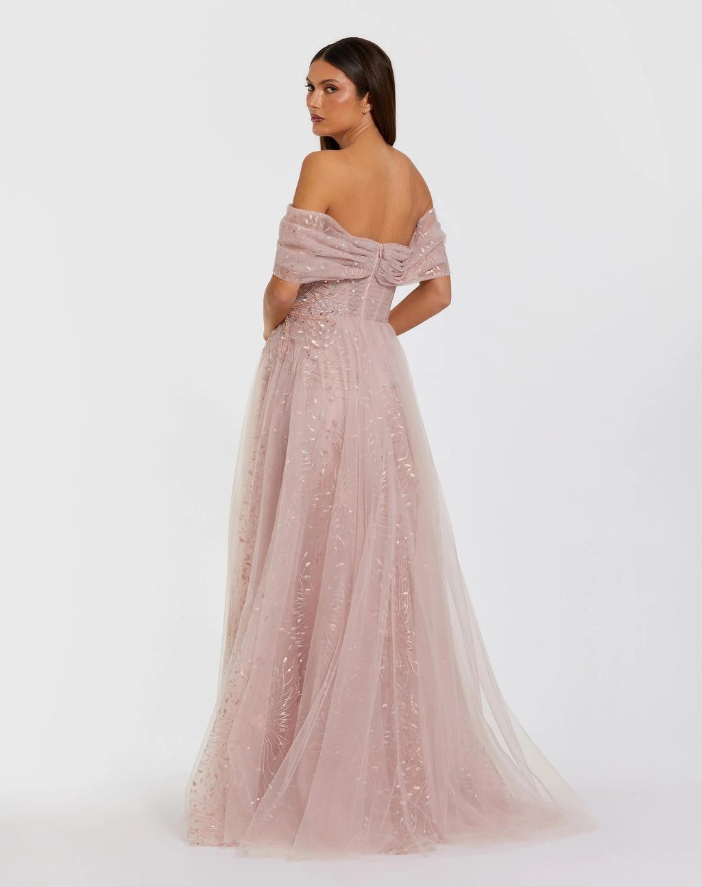 Pink Embroidered Tulle Off The Shoulder Ball Gown