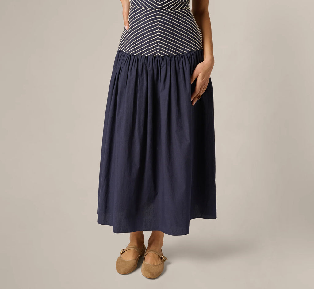 Drop Waist Chevron Cotton Midi Sundress In Navy Ivory