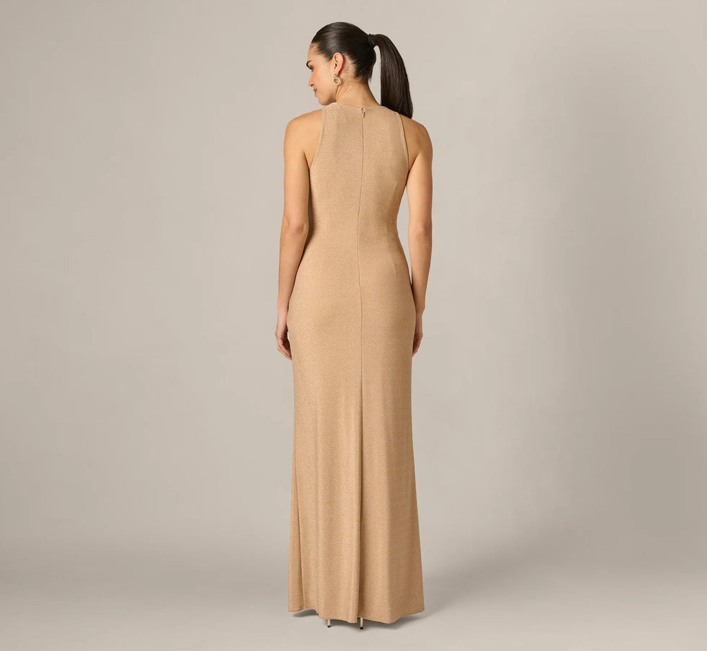 Metallic Stretch Knit Draped Gown In Light Gold