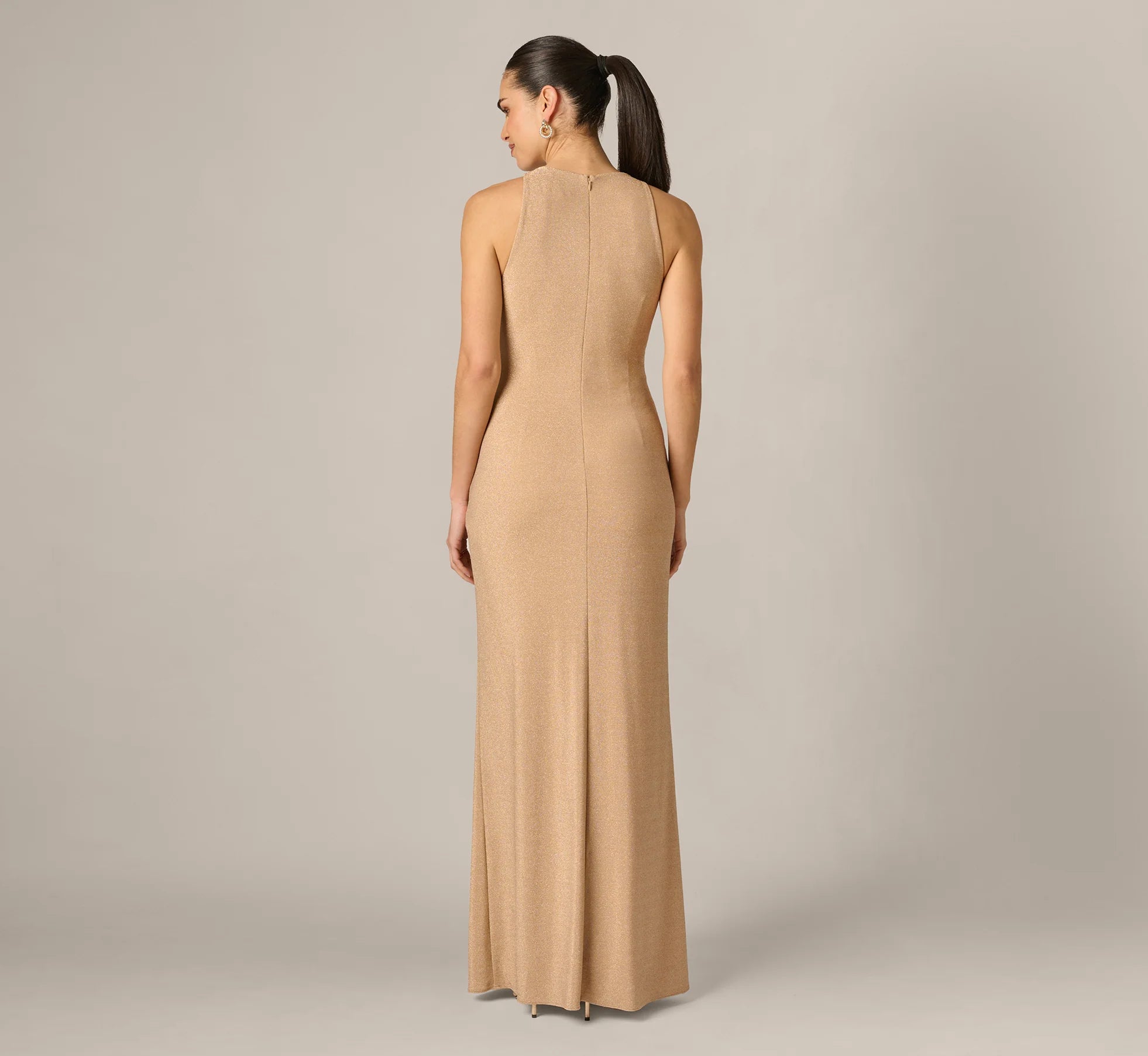 Metallic Stretch Knit Draped Gown In Light Gold