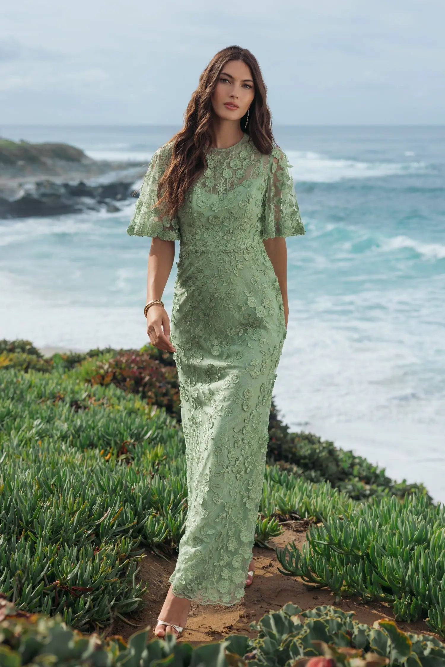 Green Flutter Sleeve Floral Embroidered Net Gown