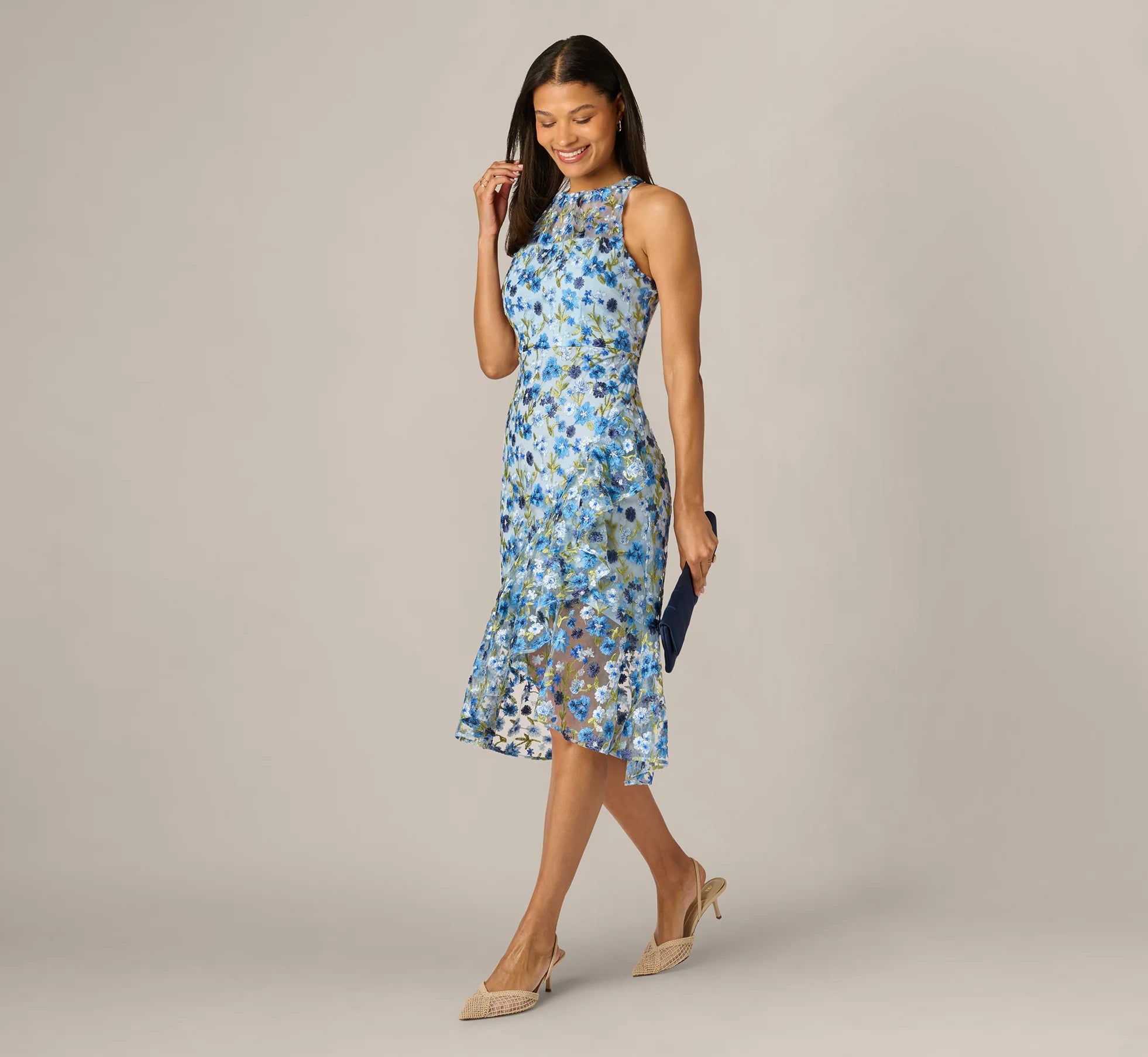 Floral Embroidered Flounce Halter Dress In Blue Multi