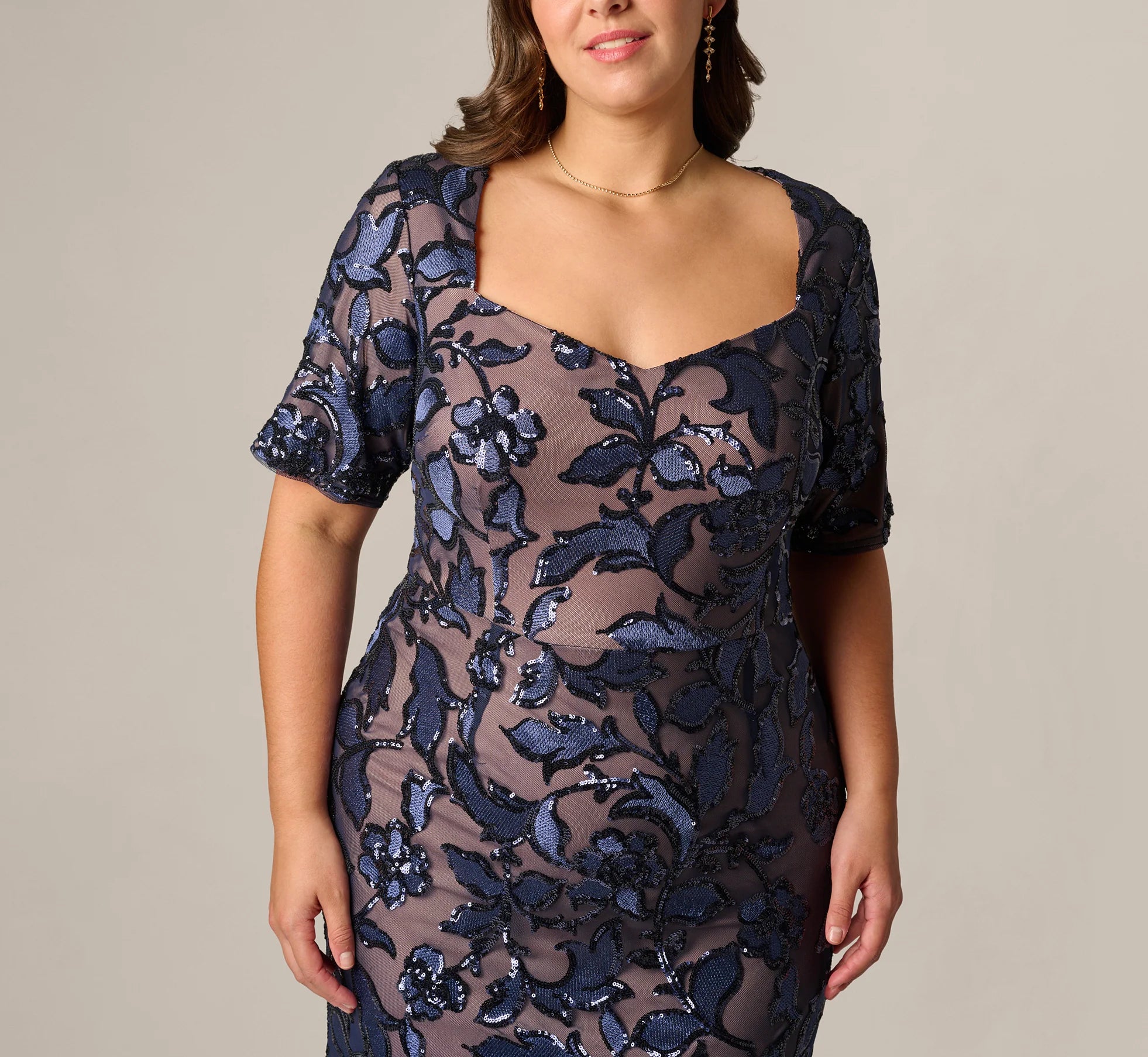Plus Size Short Sleeve Floral Sequin Stretch Mesh Gown In Navy Rosegold