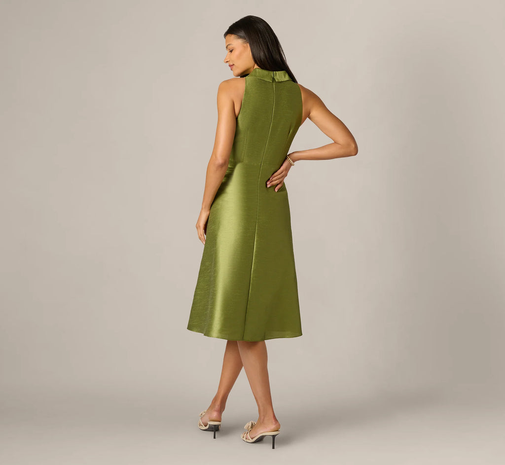 Dupioni Collared Tie Front A Line Midi Dress In Olive