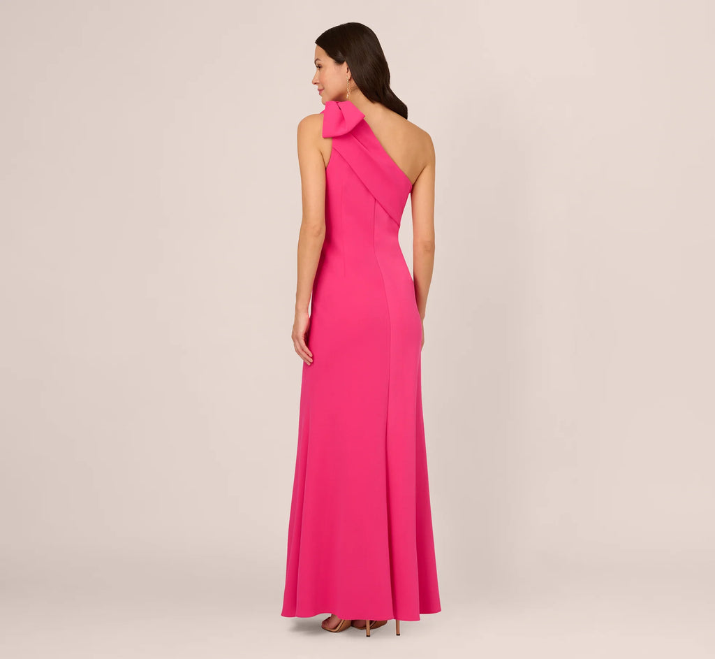 Stretch Crepe One Shoulder Mermaid Gown With Bow Accent In Hot Pink