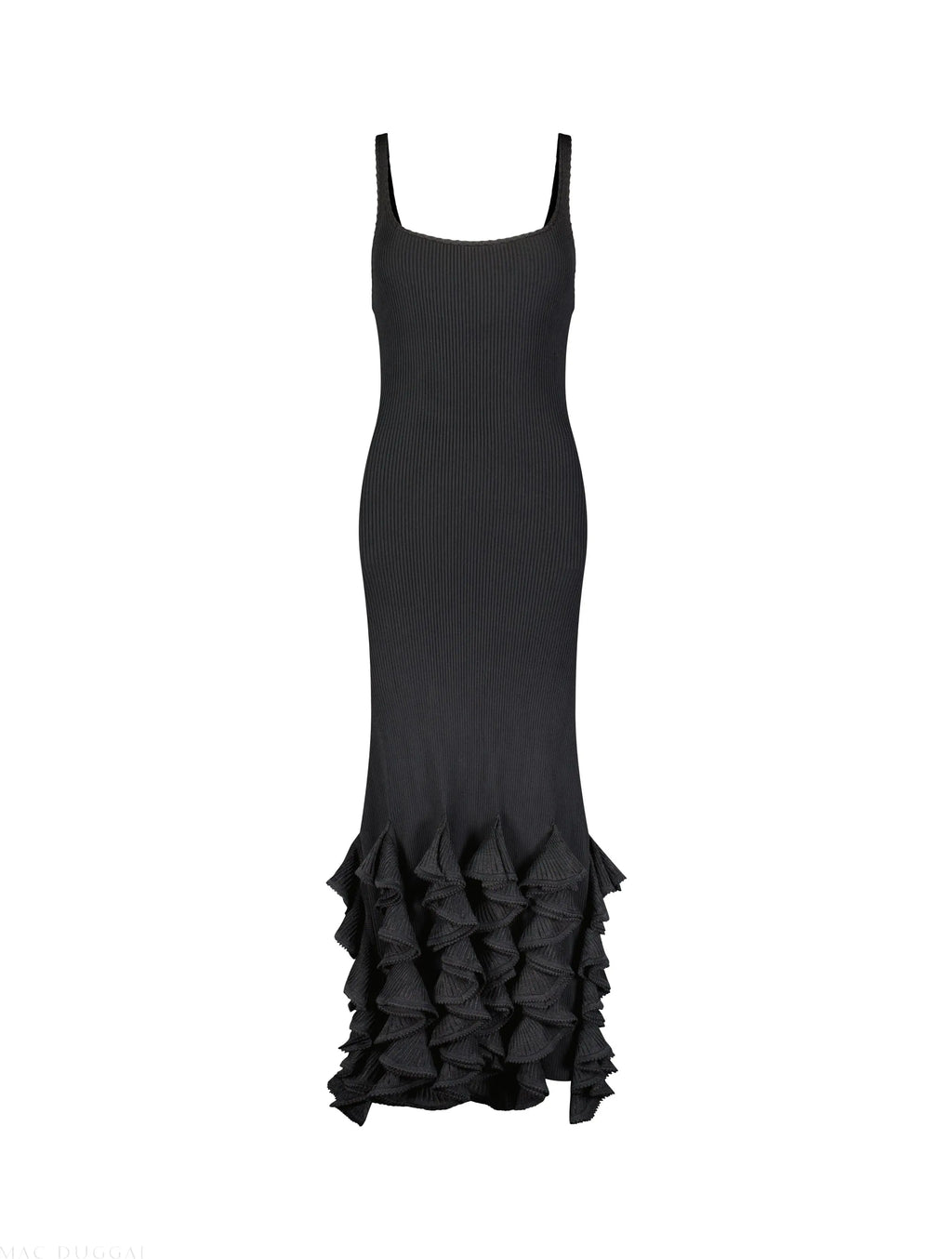 Black Rib Knit Sleeveless Midi Dress With Ruffle Hem - FINAL SALE