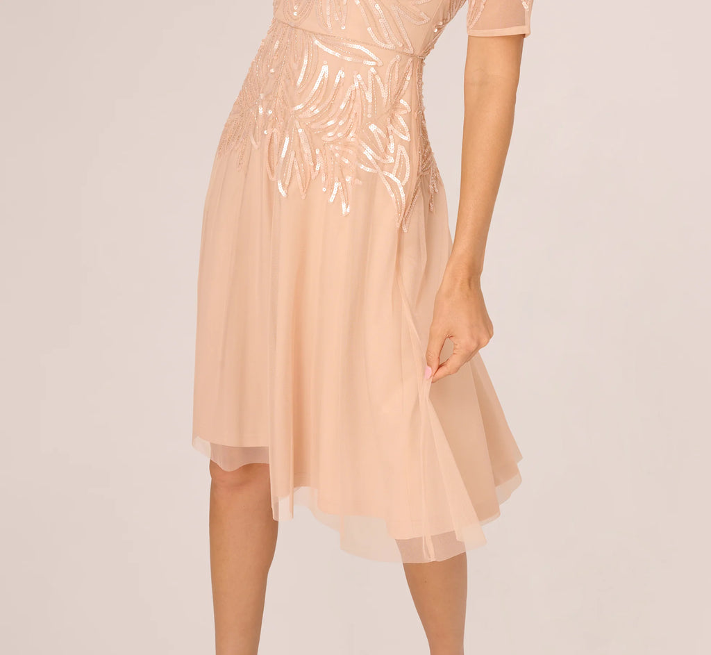 Short Sleeve Sequin Bead Midi Dress In Blush