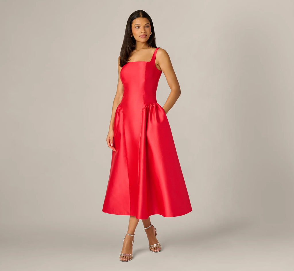 Drop Waist Fit And Flare Mikado Midi Dress In Persimmon