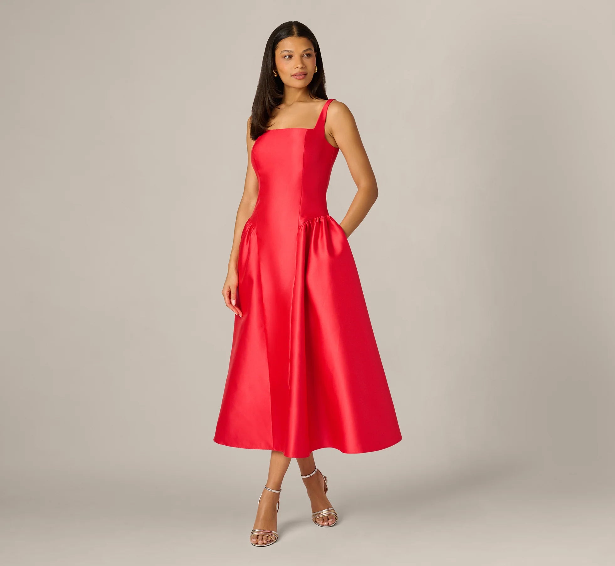 Drop Waist Fit And Flare Mikado Midi Dress In Persimmon
