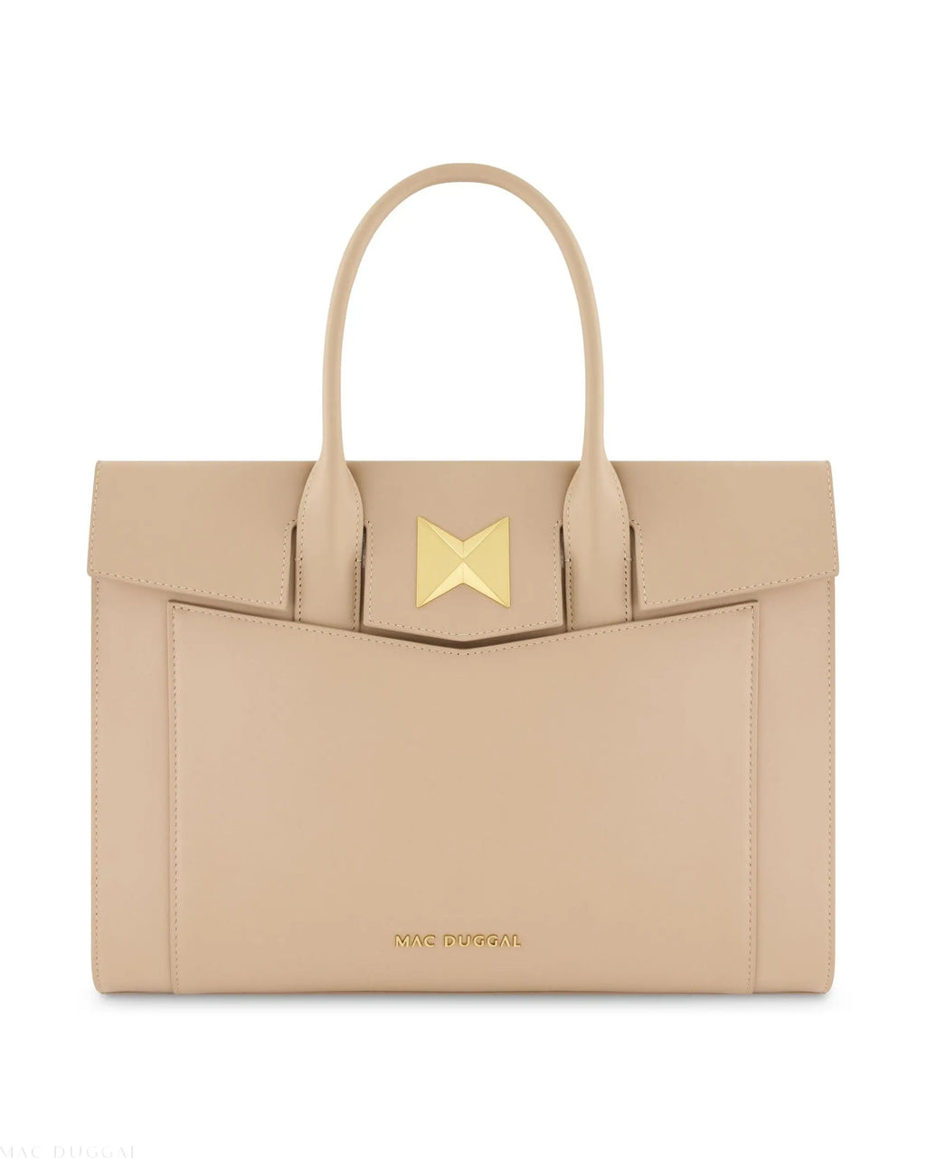 Beige Large Leather Briefcase Bag With Gold Hardware