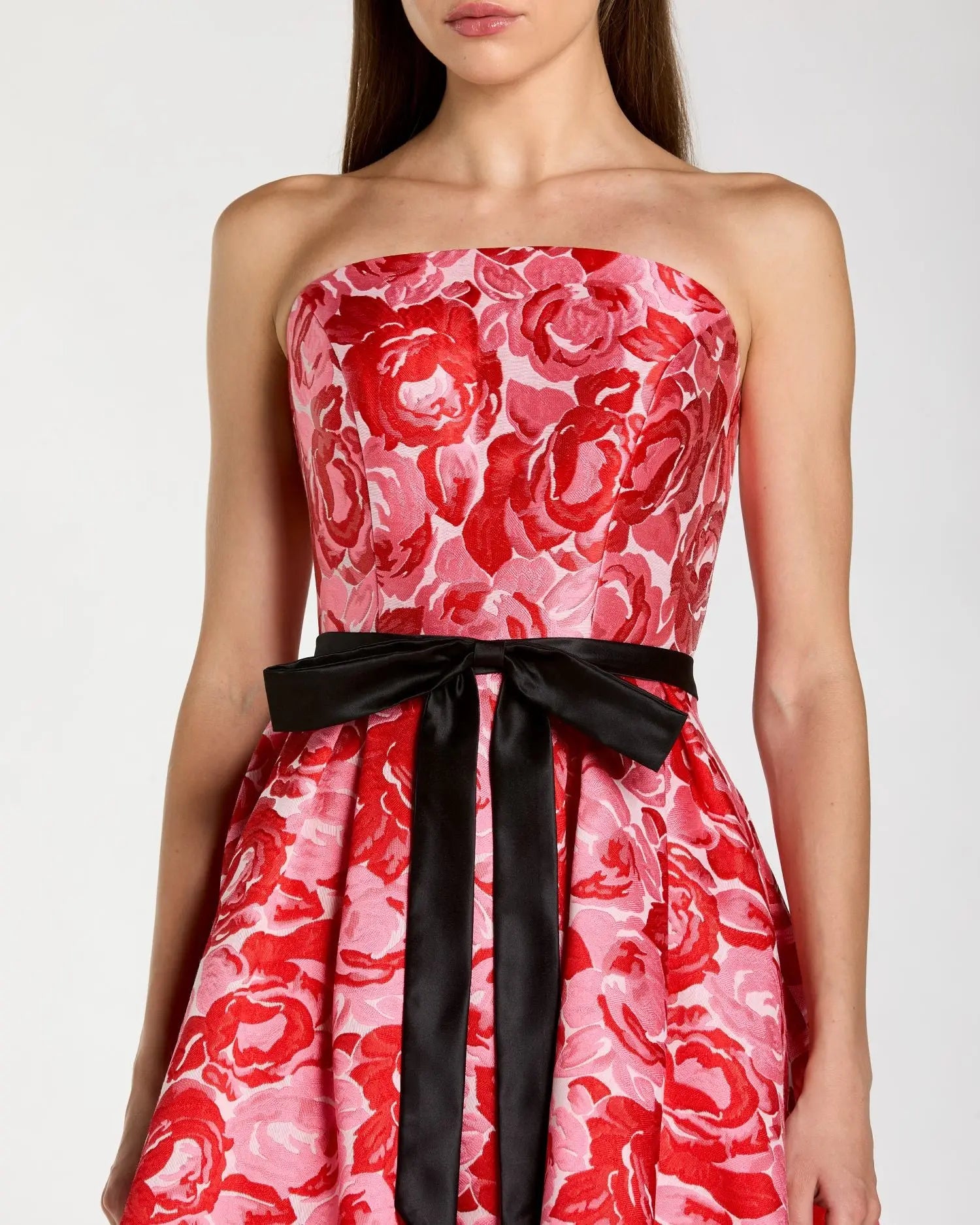 Red Strapless Brocade Midi Dress with Satin Bow