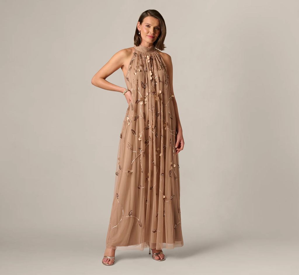 3D Floral Sequin Bead Trapeze Gown In Cafe Mocha