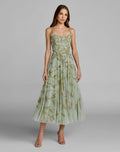 Green and Gold Floral Hand Beaded Midi Dress