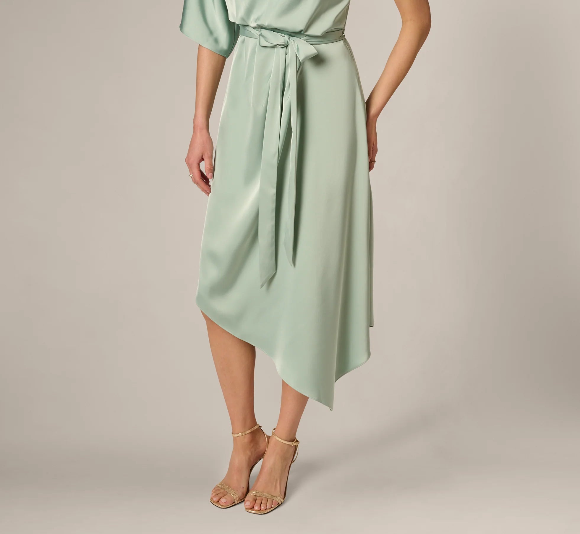 Asymmetrical Draped Stretch Satin Midi Dress In Icy Sage