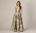 Drop Waist Square Neck Floral Ballgown In Sage Multi