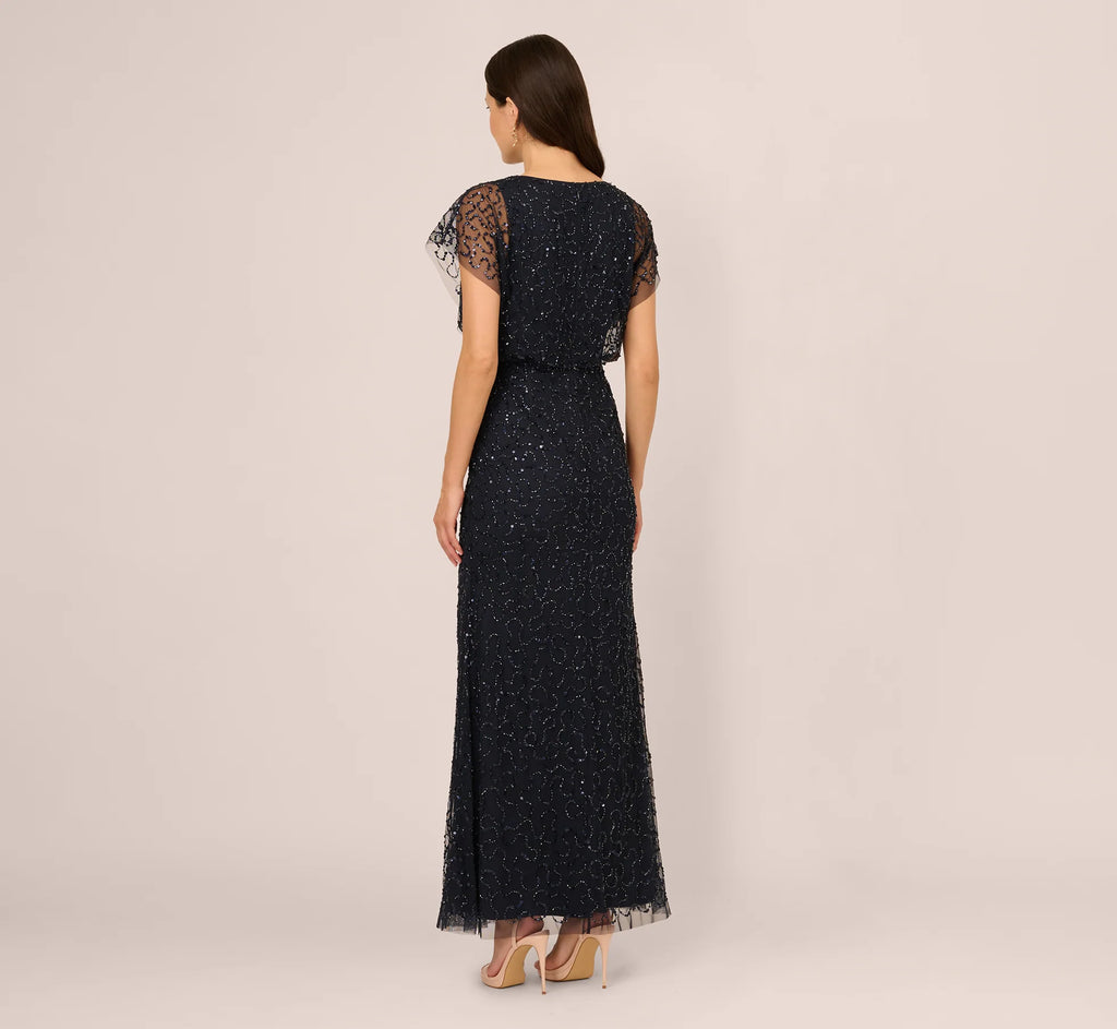 Short Sleeve Beaded Floral Embroidery Gown In Midnight Multi