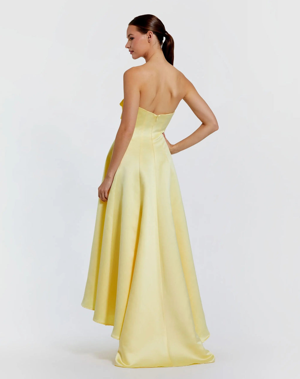 Yellow Strapless Satin High Low Gown With 3D Flowers