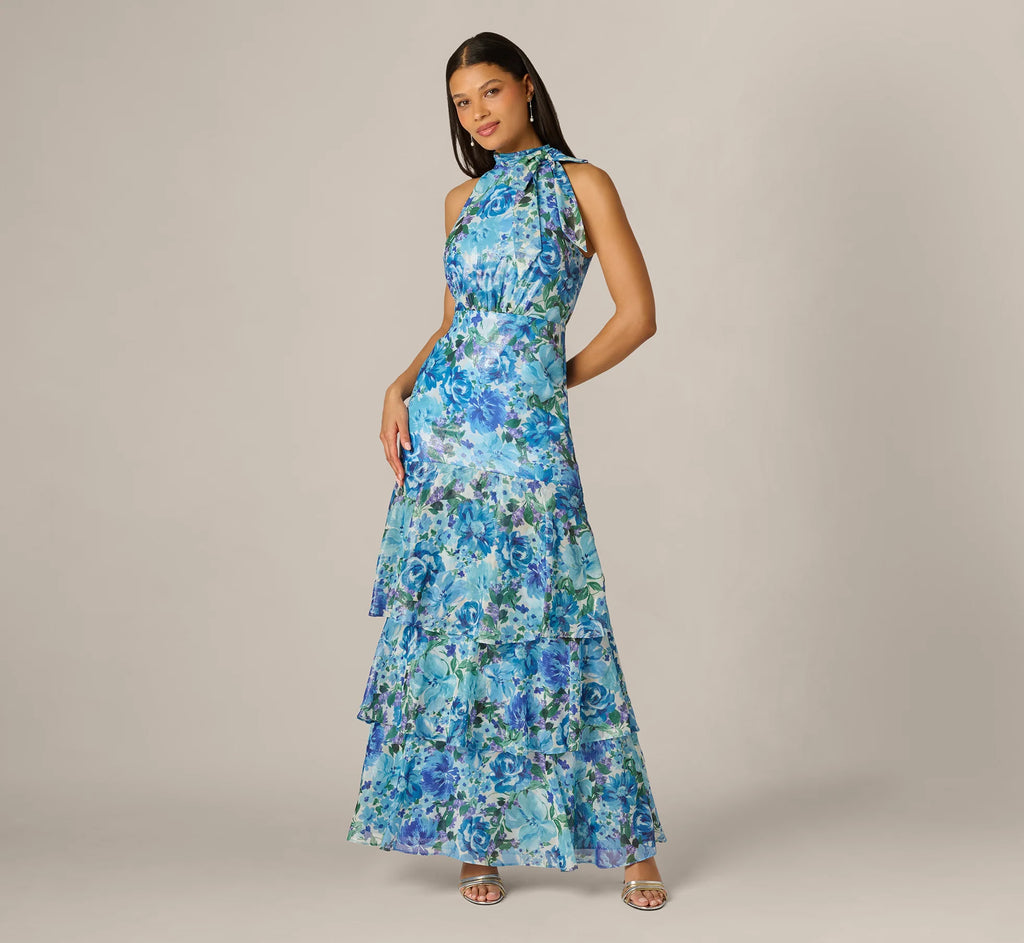 Tiered Metallic Floral Chiffon Halter Gown In Blue Multi