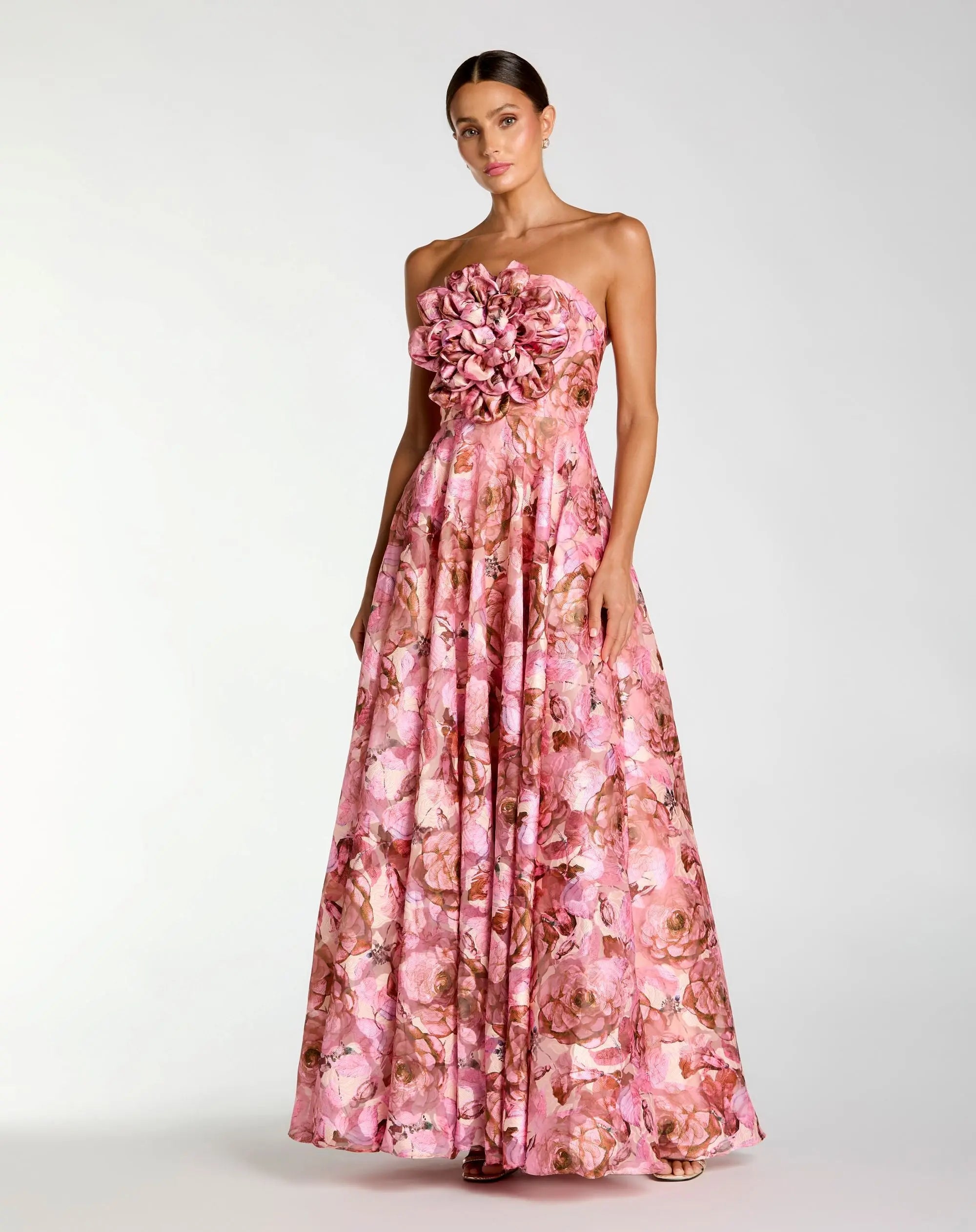 Pink Strapless Floral Printed A-Line Gown With 3D Flower