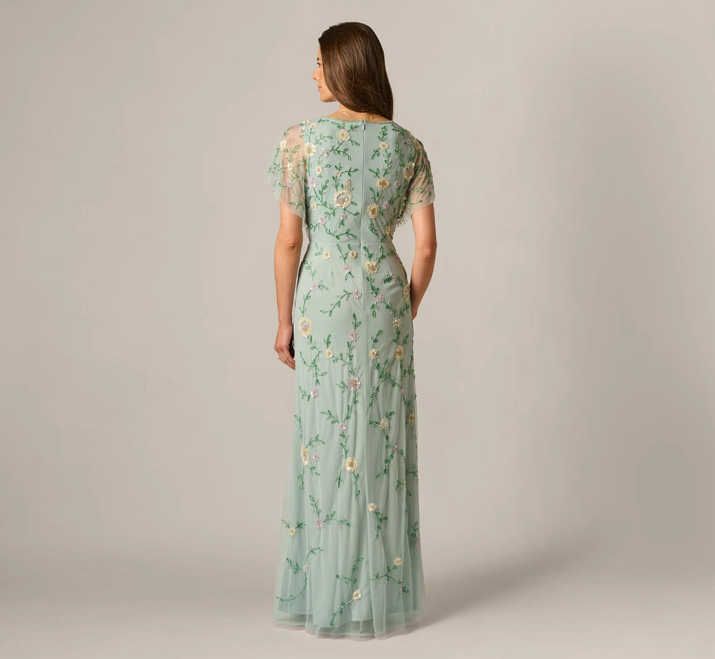 Flutter Sleeve Beaded Wrap Dress In Aqua Dust