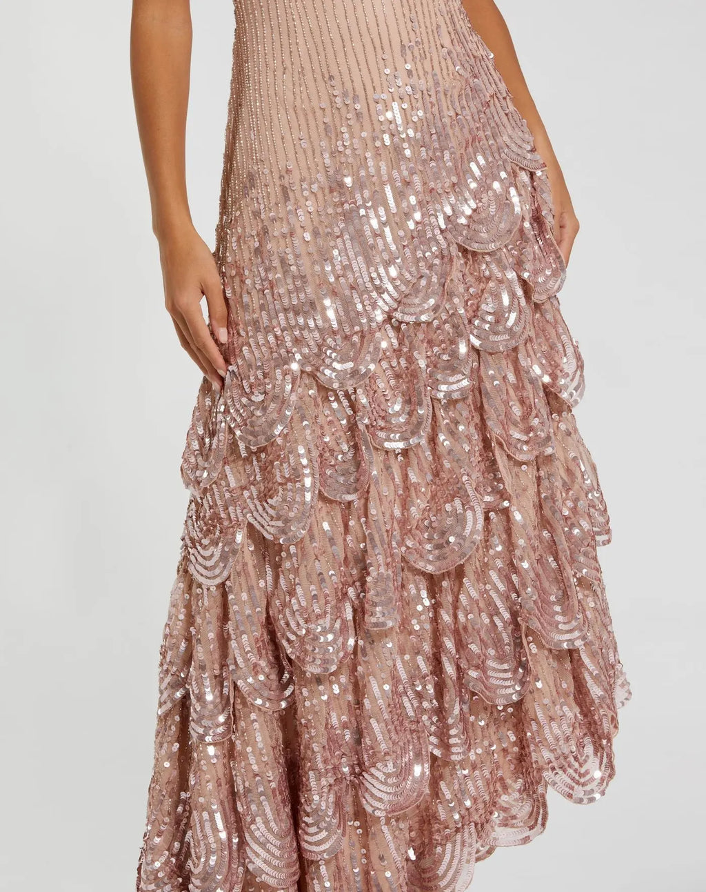 Pink Asymmetrical Scallop Hem Embellished Dress